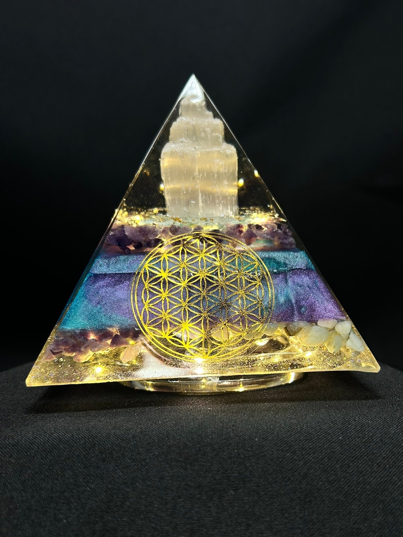 Selenite Tower Orgonite Pyramid Lamp