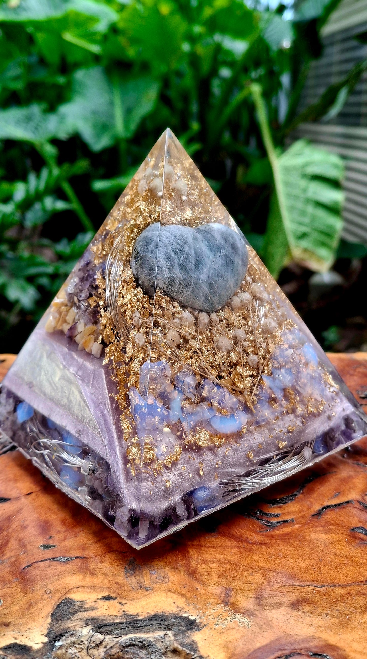 Moonstone Heart Orgonite Pyramid Lamp
