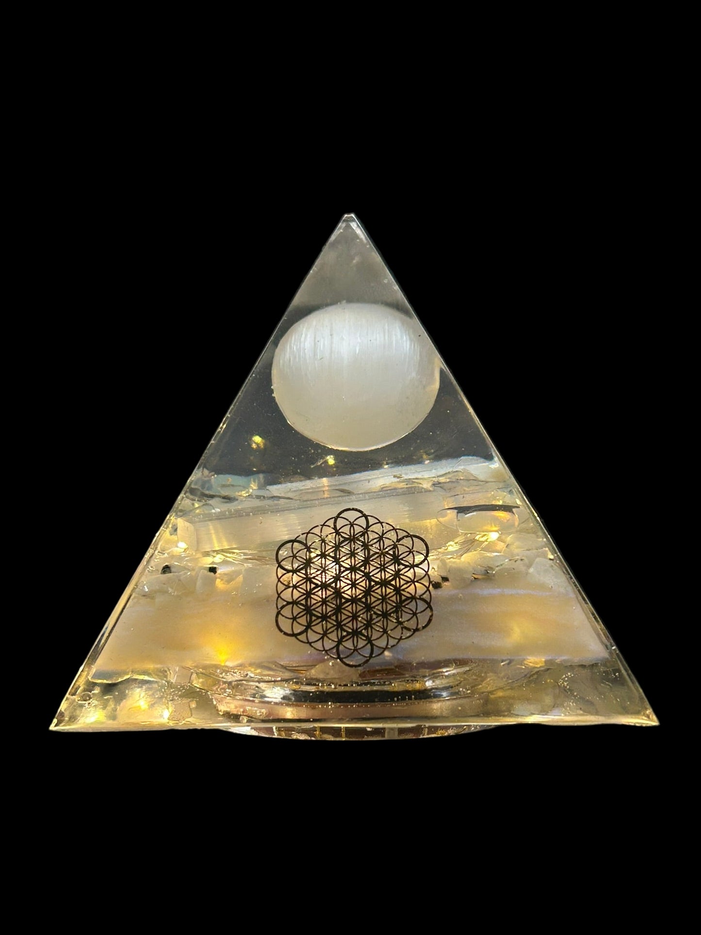 Selenite Sphere Orgonite Pyramid Lamp