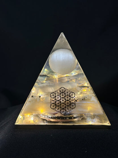 Selenite Sphere Orgonite Pyramid Lamp