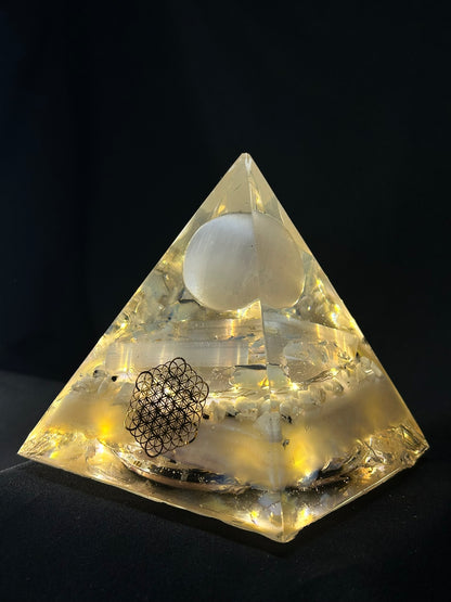 Selenite Sphere Orgonite Pyramid Lamp