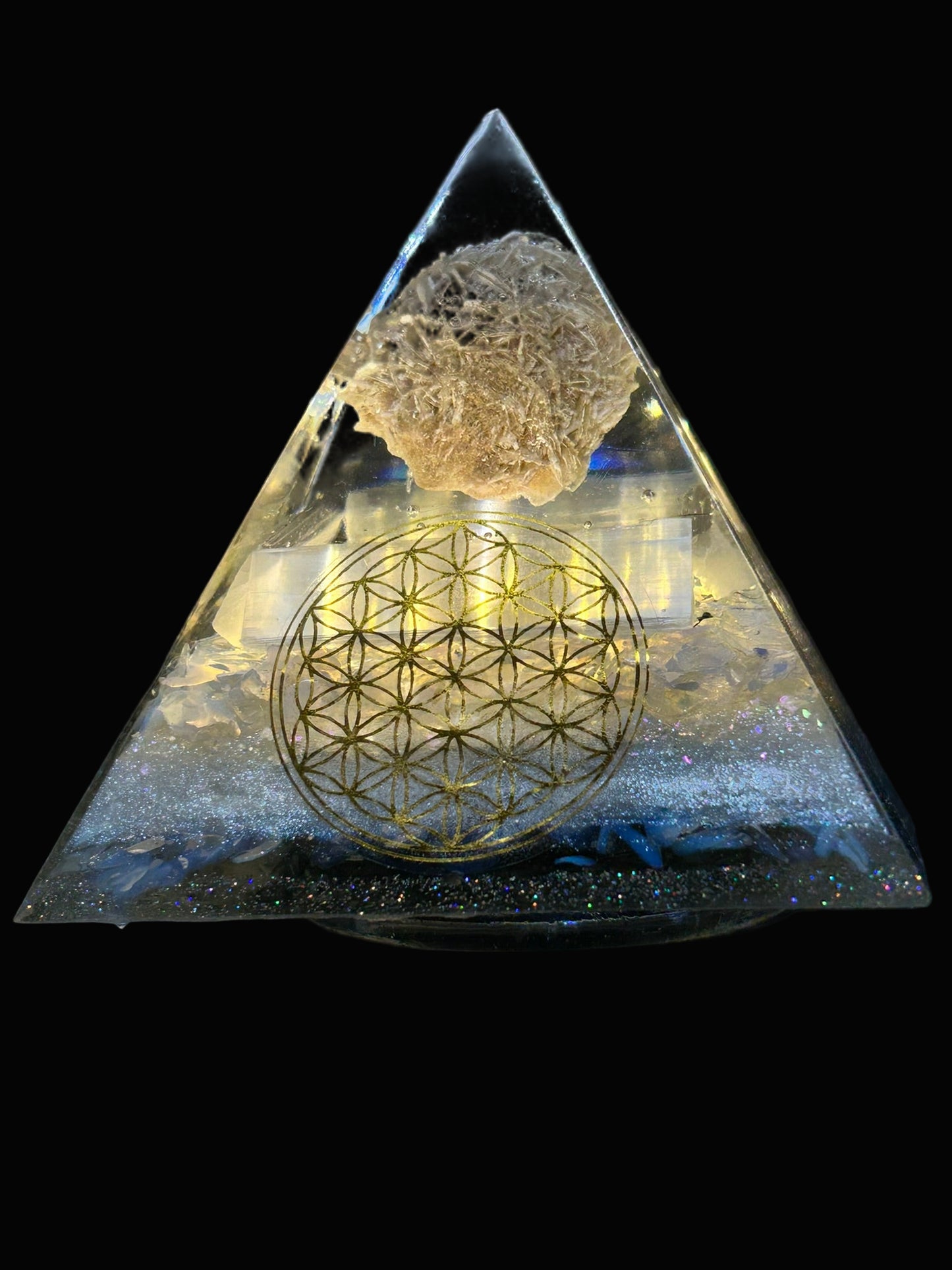 Orgonite Pyramid Desert Rose and Selenite Lamp