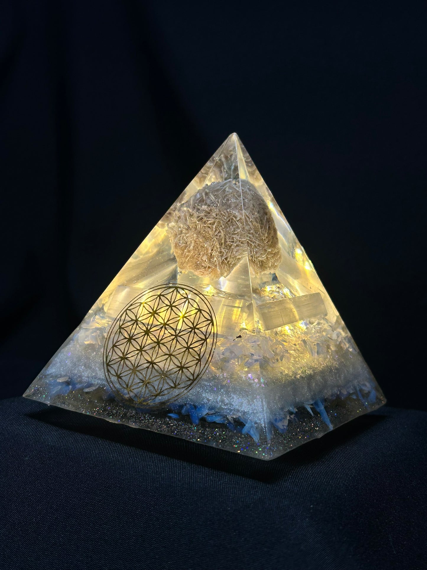 Orgonite Pyramid Desert Rose and Selenite Lamp