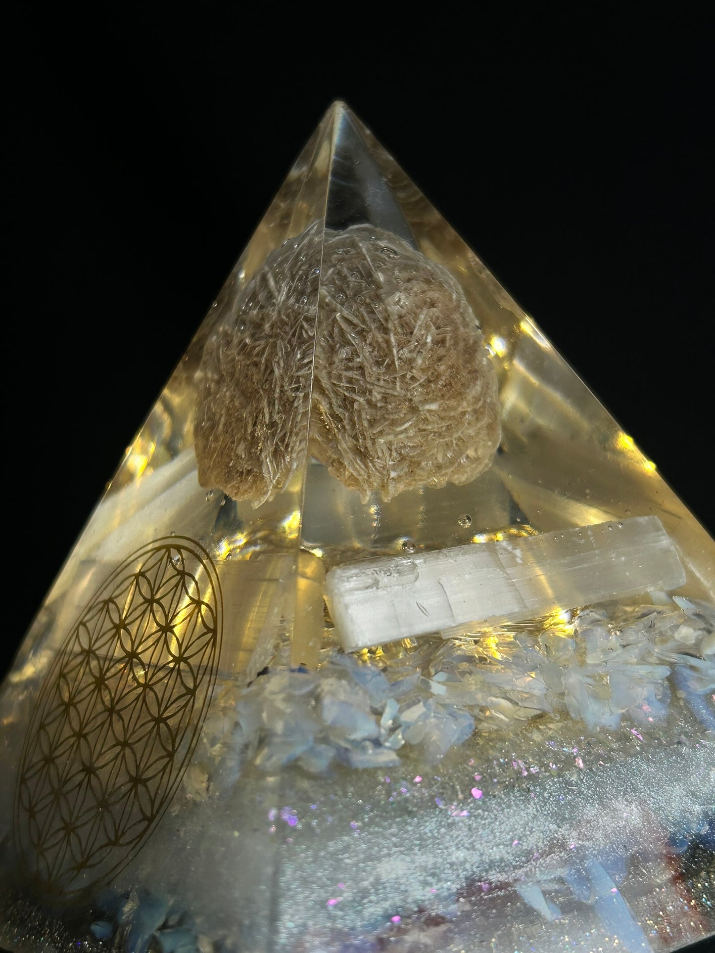 Orgonite Pyramid Desert Rose and Selenite Lamp