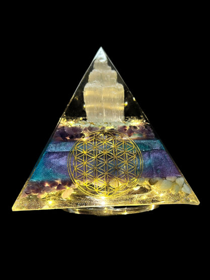 Selenite Tower Orgonite Pyramid Lamp