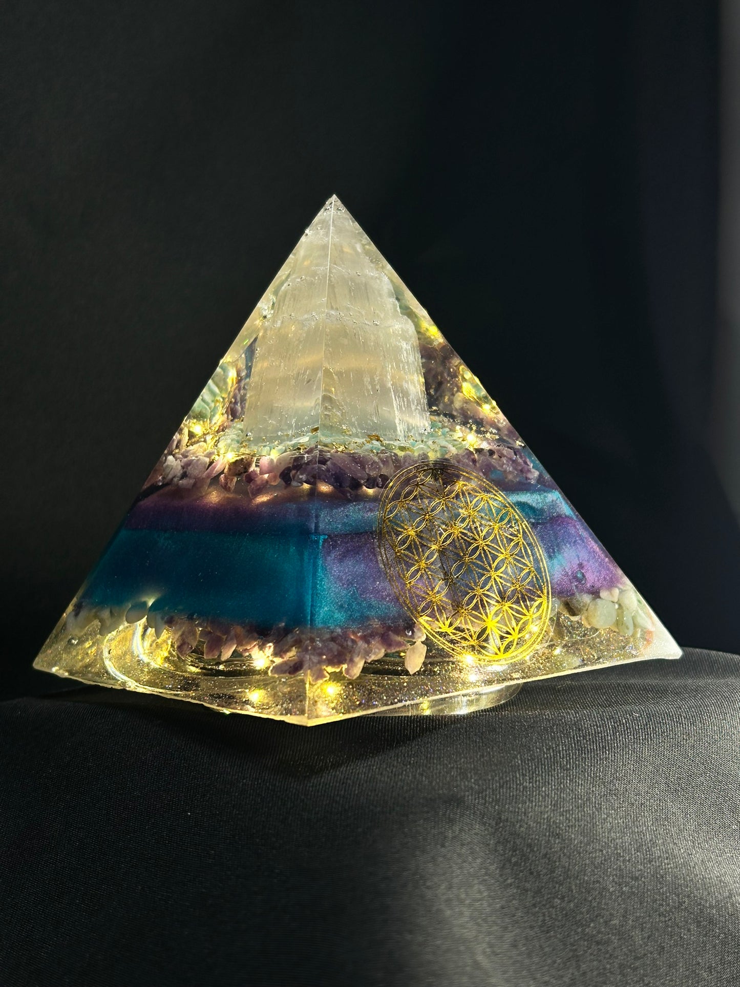 Selenite Tower Orgonite Pyramid Lamp